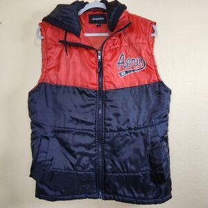 Aeropostale Mens Vest‎ Large Orange Black Full Zip Hooded Lined Puffer Down